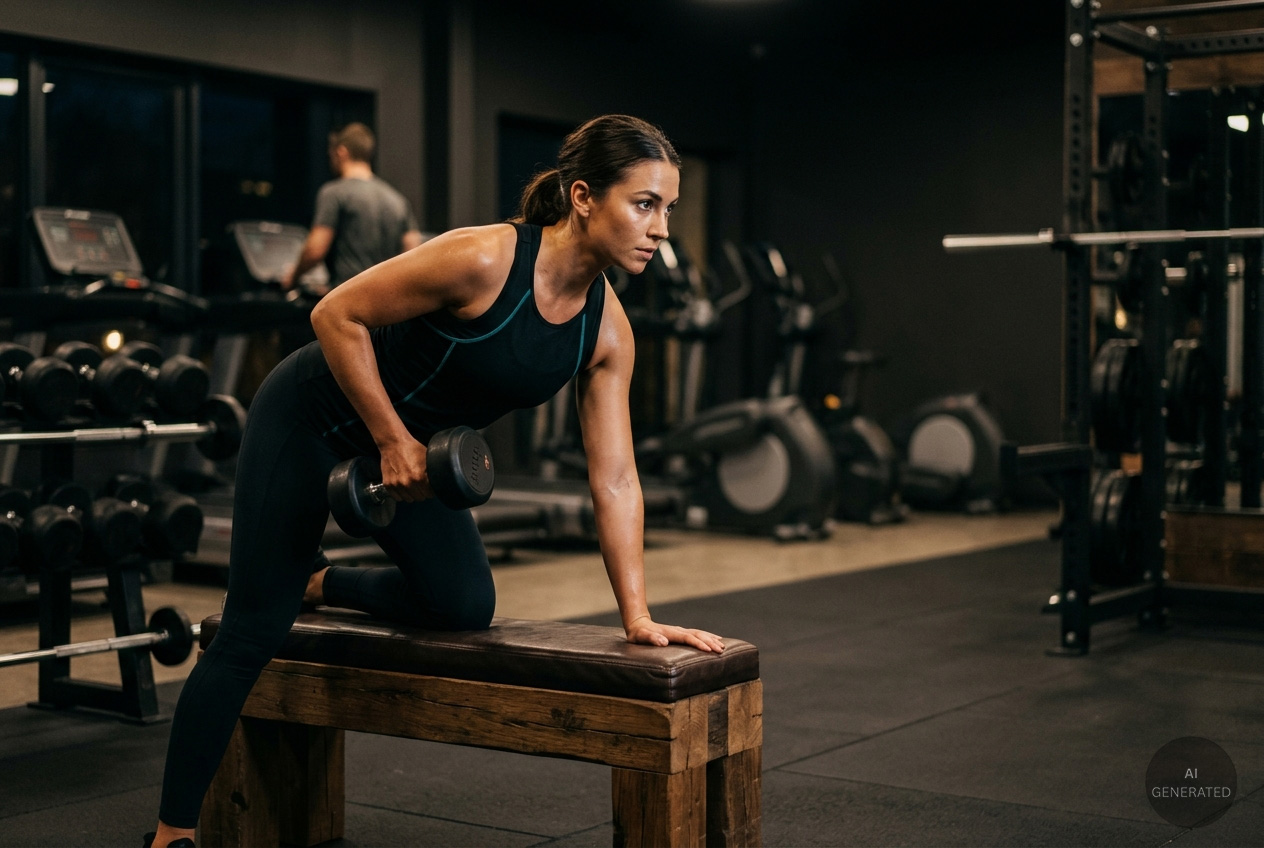 Eine Sportlerin stützt sich auf eine Bank und trainiert mit einer Kurzhantel in einem dunklen Fitnessstudio von f+p.